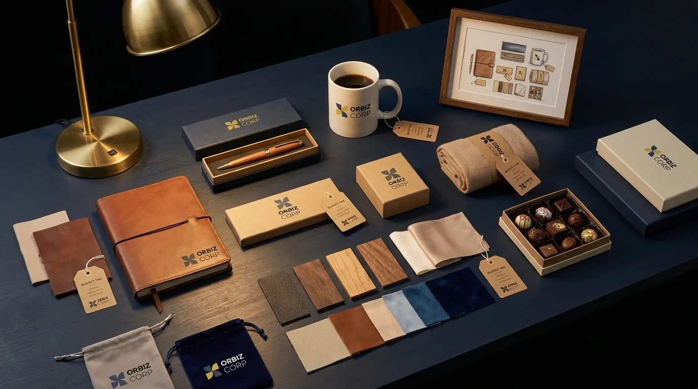 Custom gift development table with product, material and packaging samples